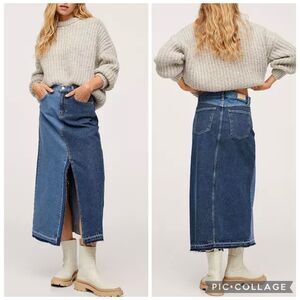 New Mango Contrasting Jean Denim Maxi Skirt Medium Blue Cotton Grunge Retro Eco